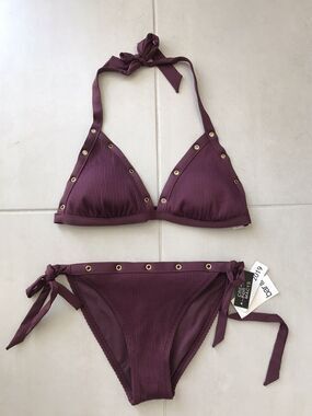 Bar III Bikini Set Ribbed Grommet Halter Padded Swimwear